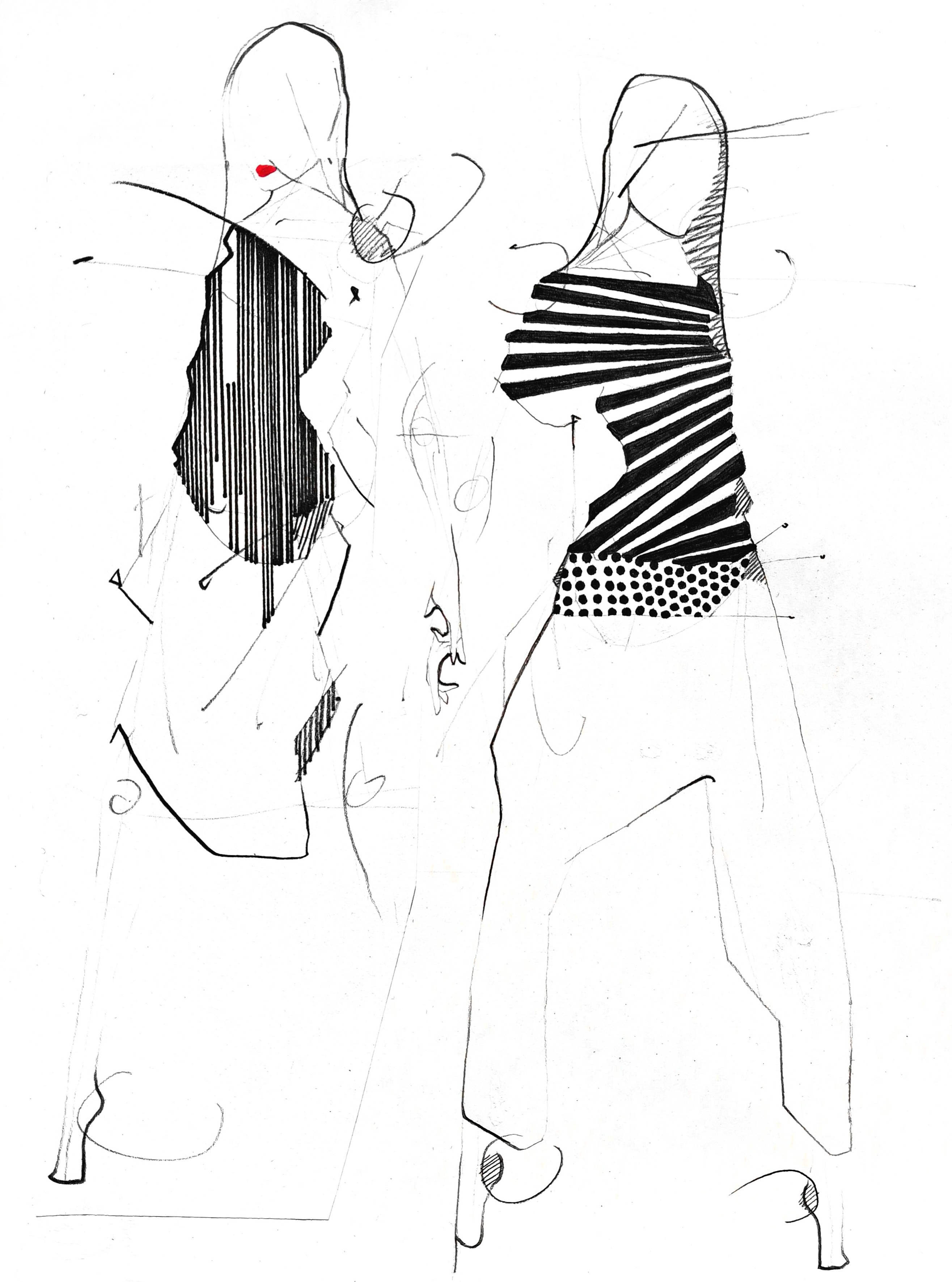 Modezeichnung zweier Modefigurinen in gestreiften Oberteilen mit Rock und Hose oder Kleid und Einteiler im Arbeitsformat A4 aus dem Portfolio Studium Modedesign.